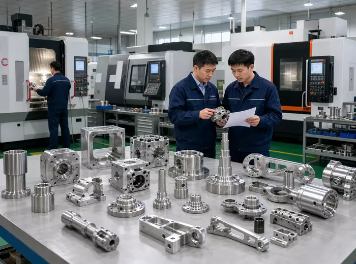 Typical CNC machined parts and Chinese engineers in factory