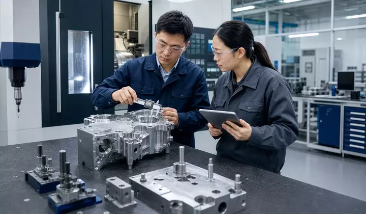 Chinese quality inspectors checking CNC machined part